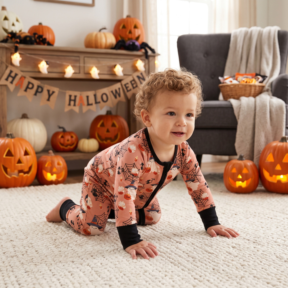 LR3250  Halloween boo spooky print  Long-Sleeved zipper romper