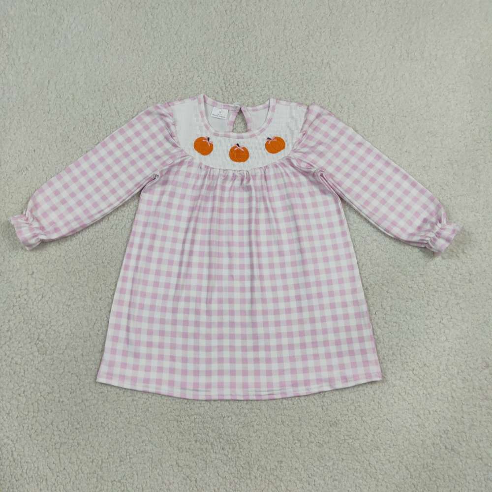 GLD1649 pink plaid pumpkin embroidery girl long sleeve dress