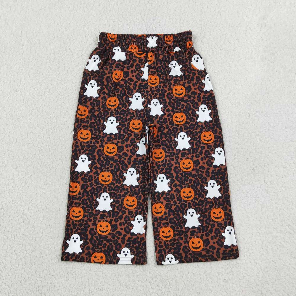 P1135  girl Halloween leopard boo pumpkin leaves long pants
