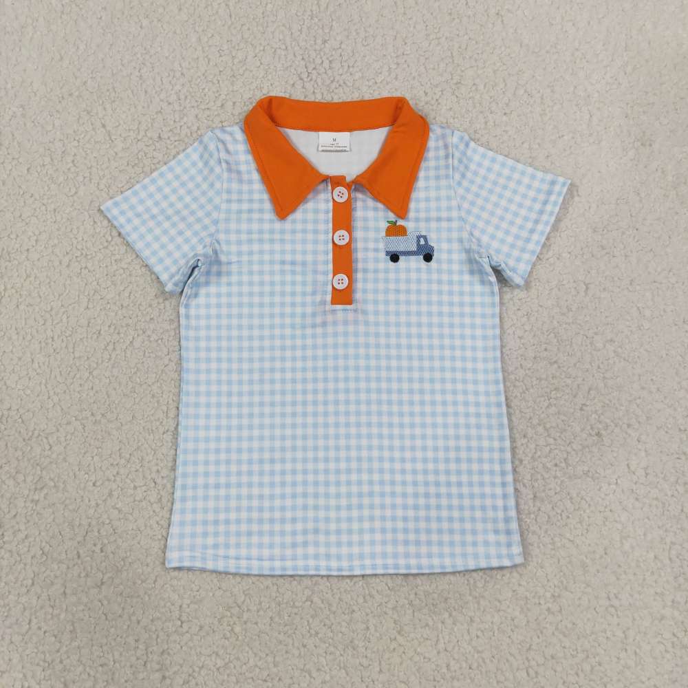 BT1890 RTS Blue plaid trunk pumpkin embroidery  short sleeve boy t-shirt