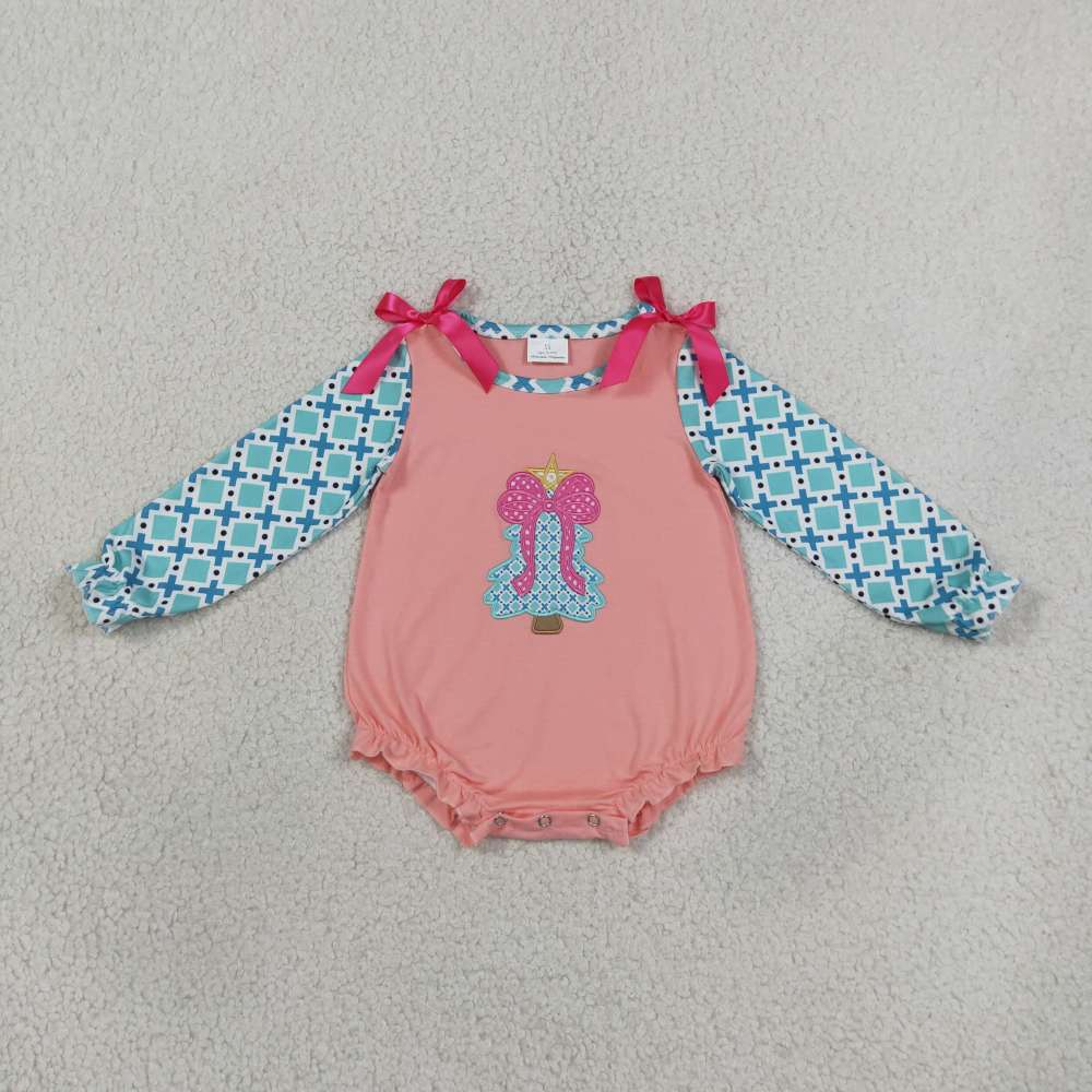 LR3164 Pink Christmas trees bows embroidery Long-Sleeved bubble