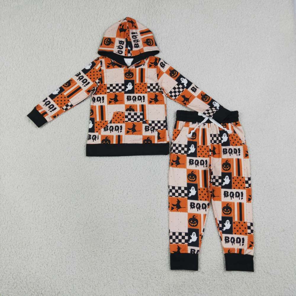 BLP1544 RTS boys orange pumpkin Halloween boo print long sleeve set