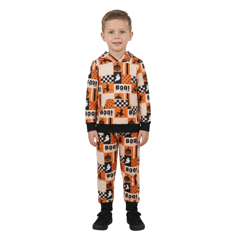 BLP1544 RTS boys orange pumpkin Halloween boo print long sleeve set