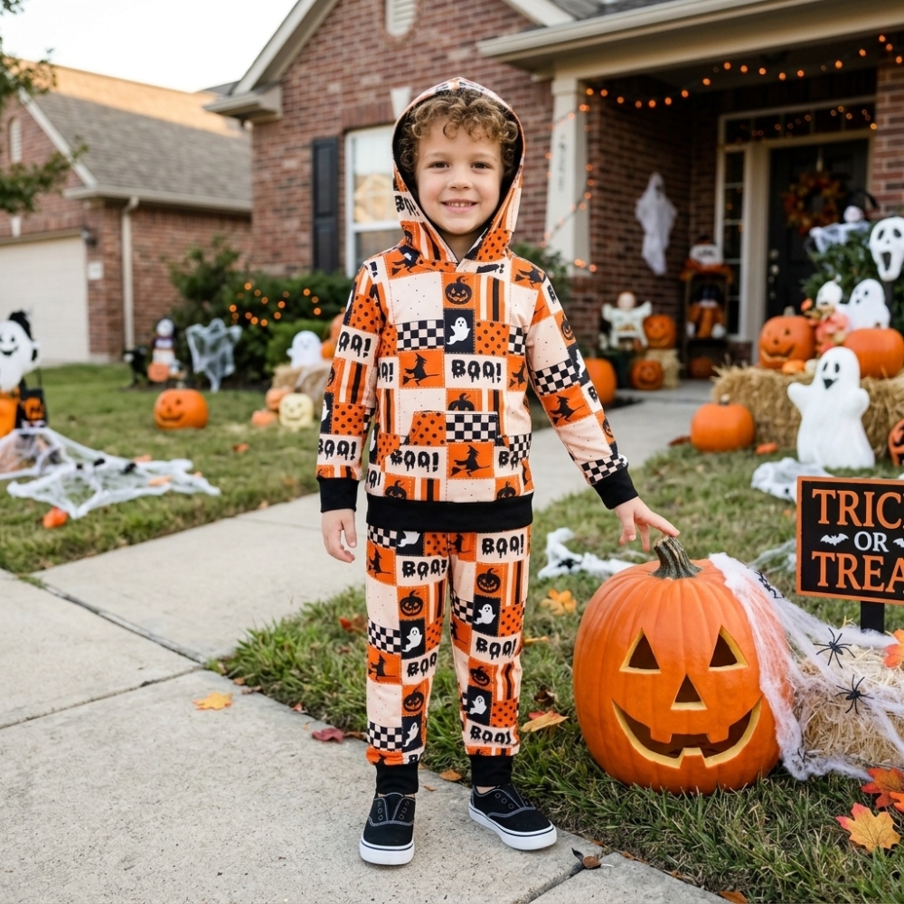 BLP1544 RTS boys orange pumpkin Halloween boo print long sleeve set