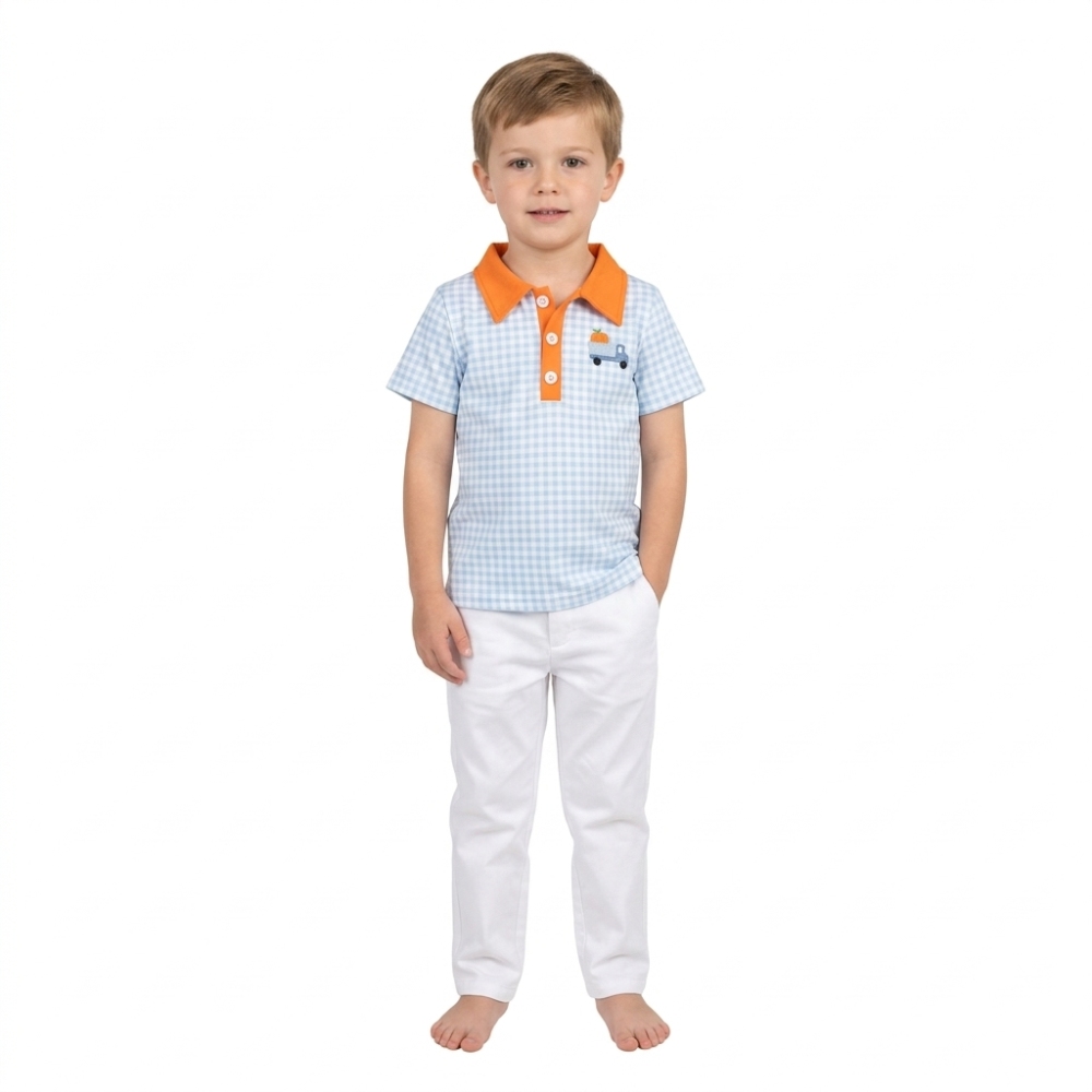 BT1890 RTS Blue plaid trunk pumpkin embroidery  short sleeve boy t-shirt