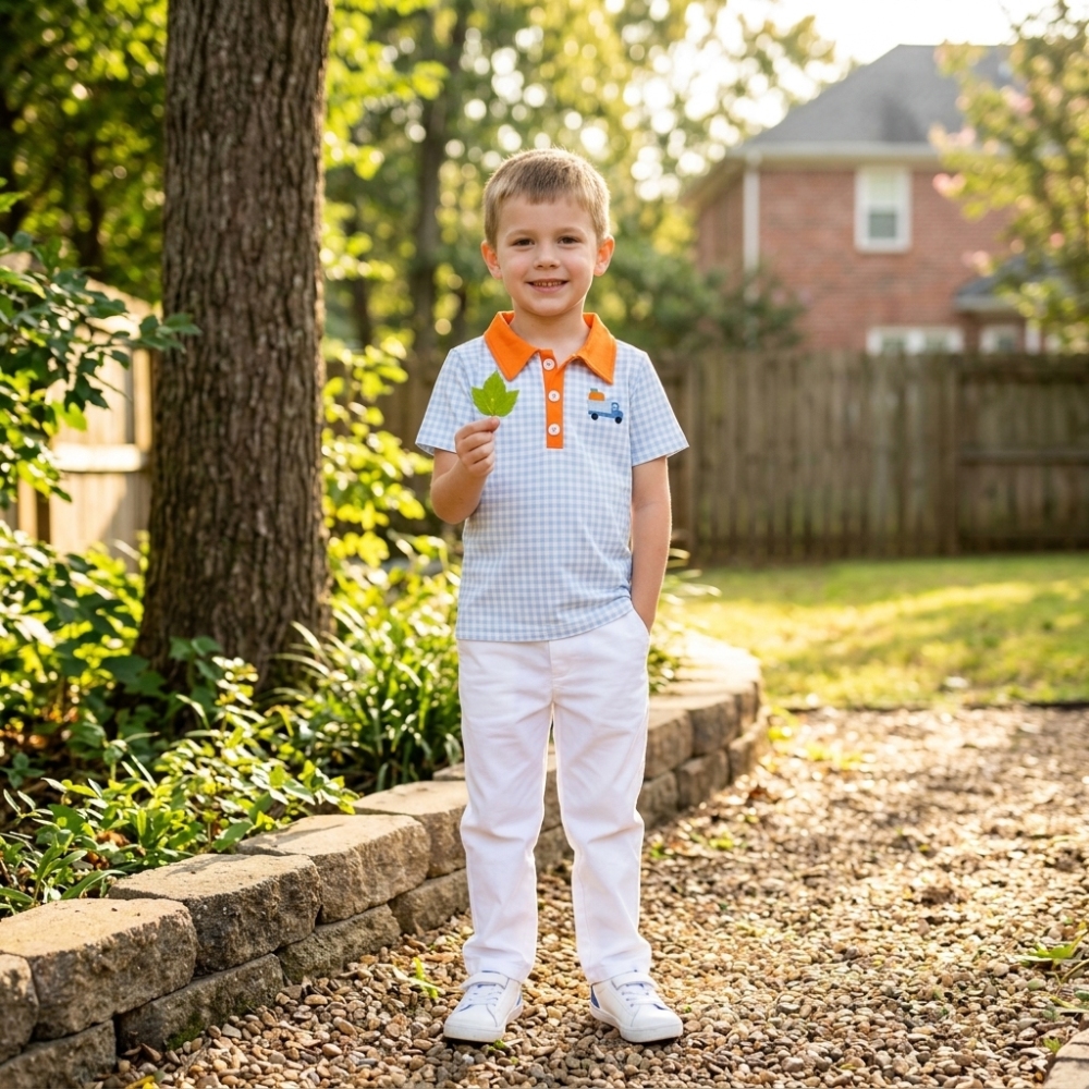 BT1890 RTS Blue plaid trunk pumpkin embroidery  short sleeve boy t-shirt