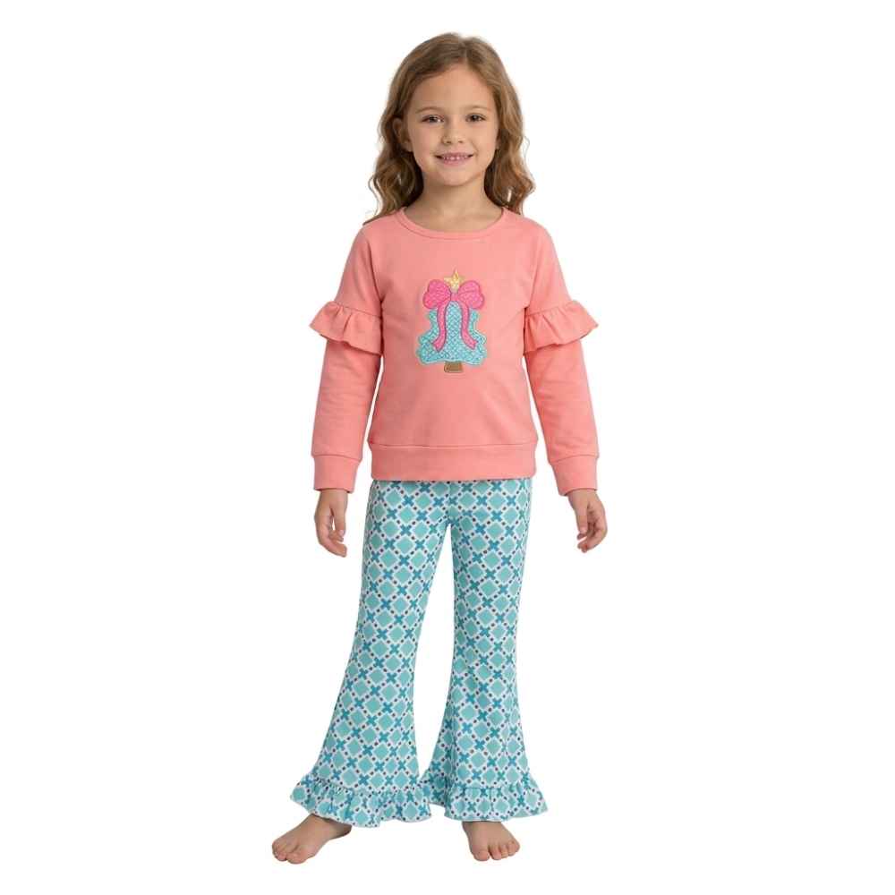 GLP3548 Pink orange Christmas bows trees embroidery long sleeve girl outfits