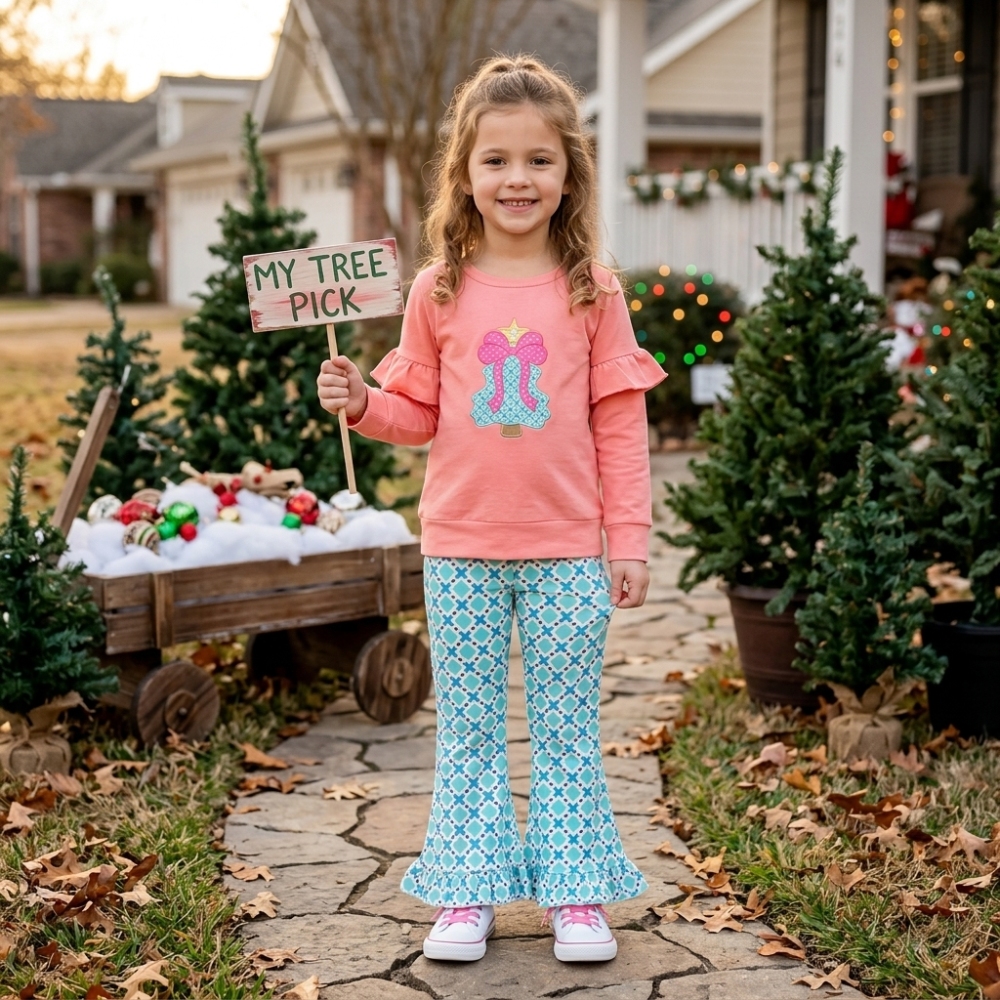 GLP3548 Pink orange Christmas bows trees embroidery long sleeve girl outfits