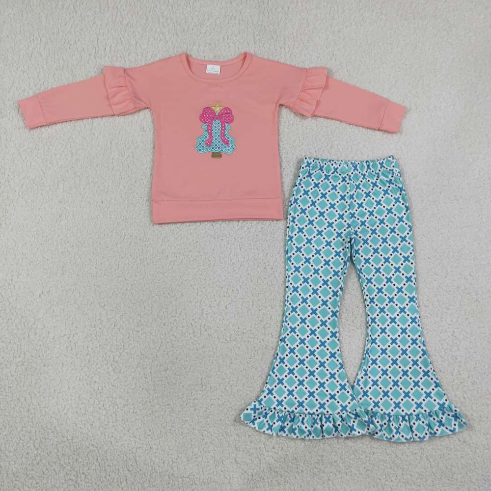 GLP3548 Pink orange Christmas bows trees embroidery long sleeve girl outfits