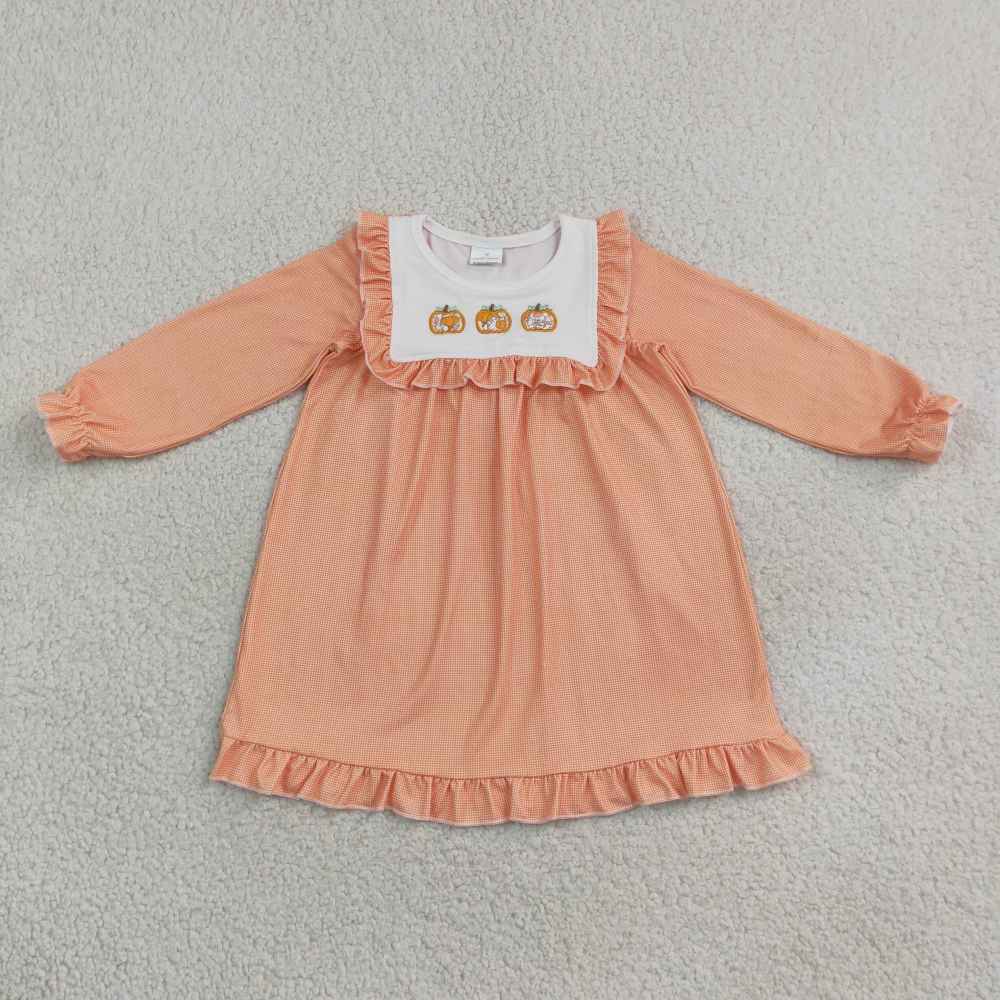 GLD1645 orange pumpkin embroidery girl long sleeve fall season dress