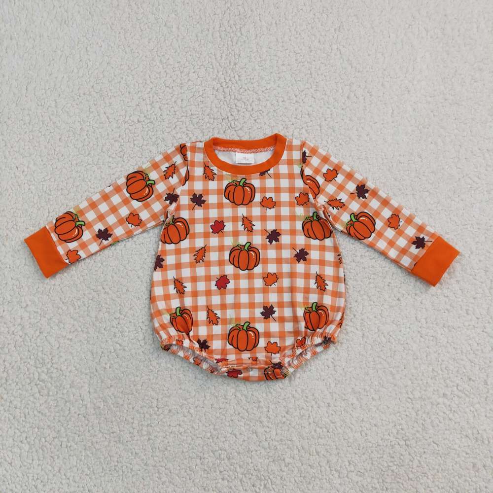 LR3236 orange Plaid pumpkin leaves print  Long-Sleeved fall season bubble