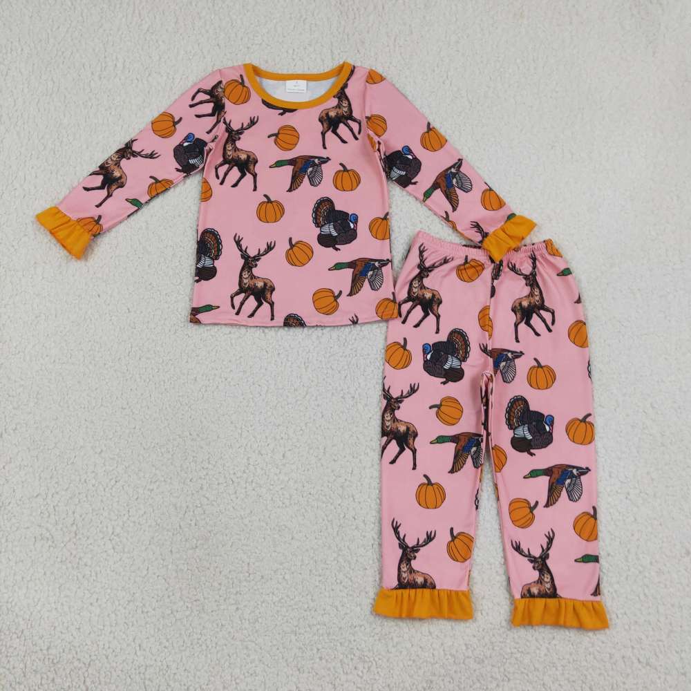 GLP3655 Pink orange pumpkin duck deer  Print long sleeve hunting season girl pajamas