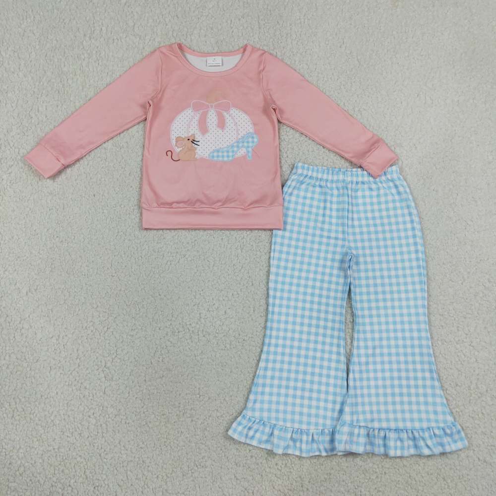 GLP3598 Pink Pumpkin bows Print long sleeve girl outfits