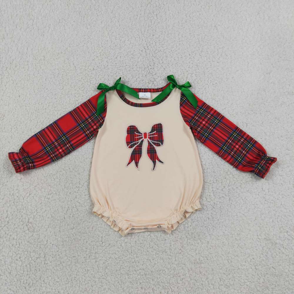 LR3163 Red Green plaid Christmas bows embroidery Long-Sleeved bubble