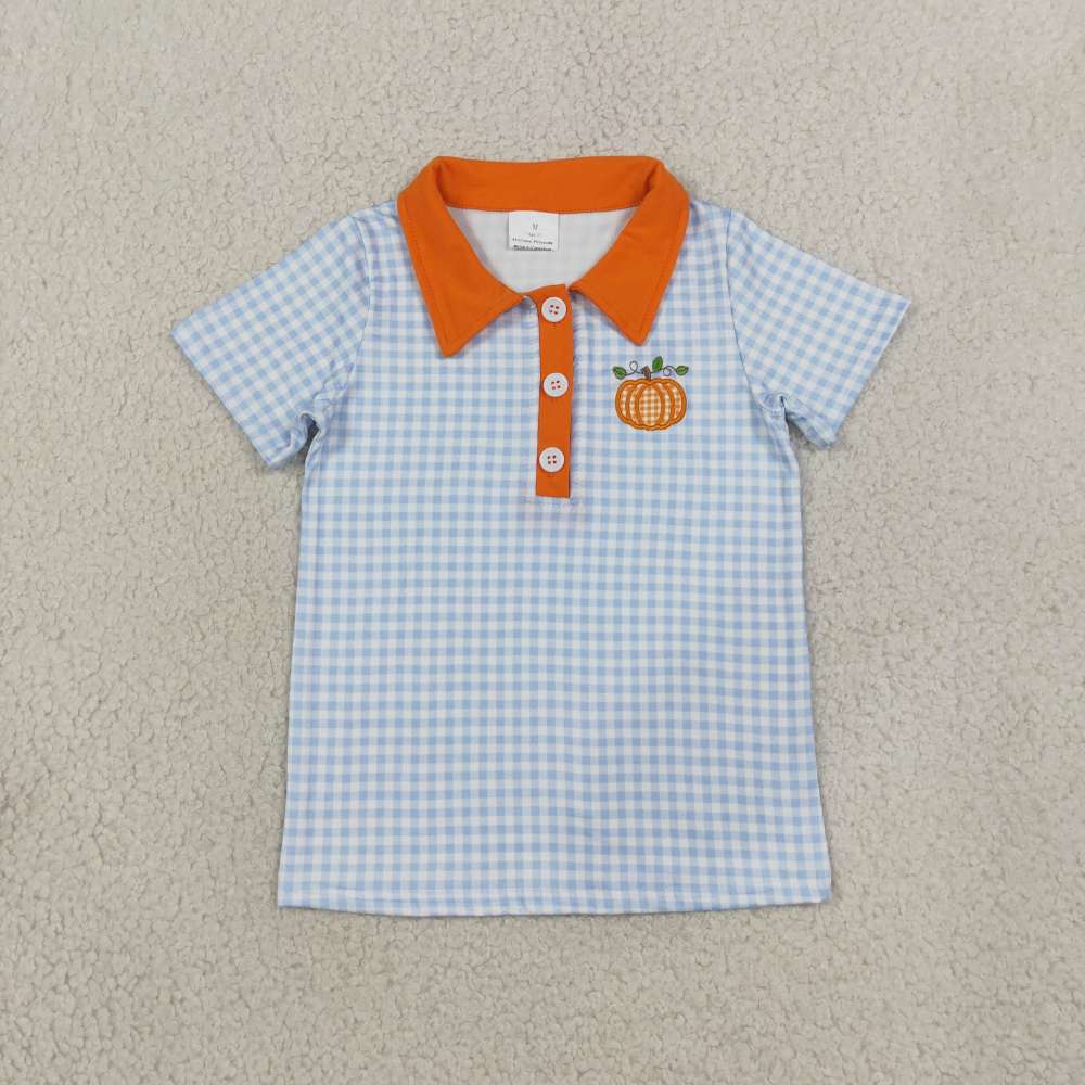 BT1891 RTS Blue plaid pumpkin embroidery  short sleeve boy t-shirt