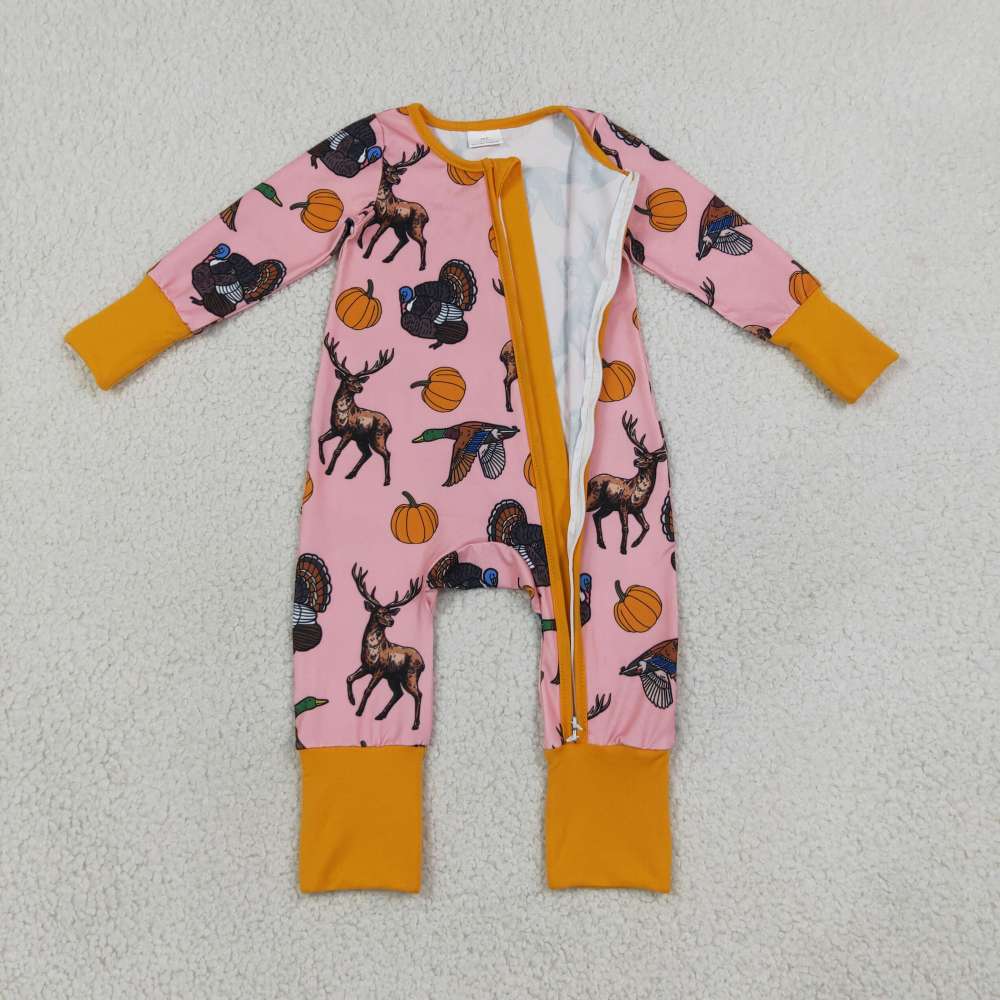 LR3252 Hunting duck pumpkin deer  print  Long-Sleeved romper