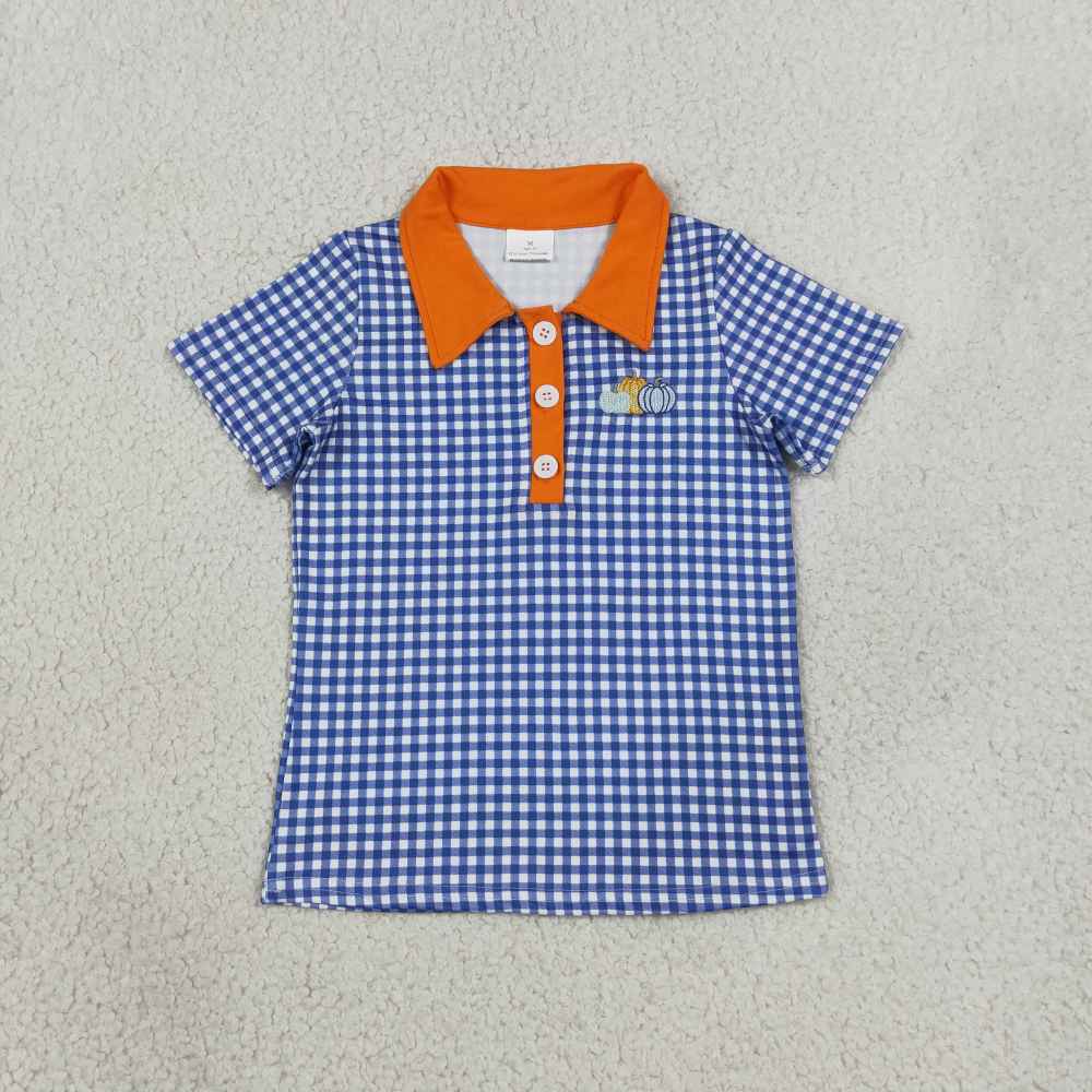 BT1892 RTS Blue plaid trunk pumpkin embroidery  short sleeve boy t-shirt