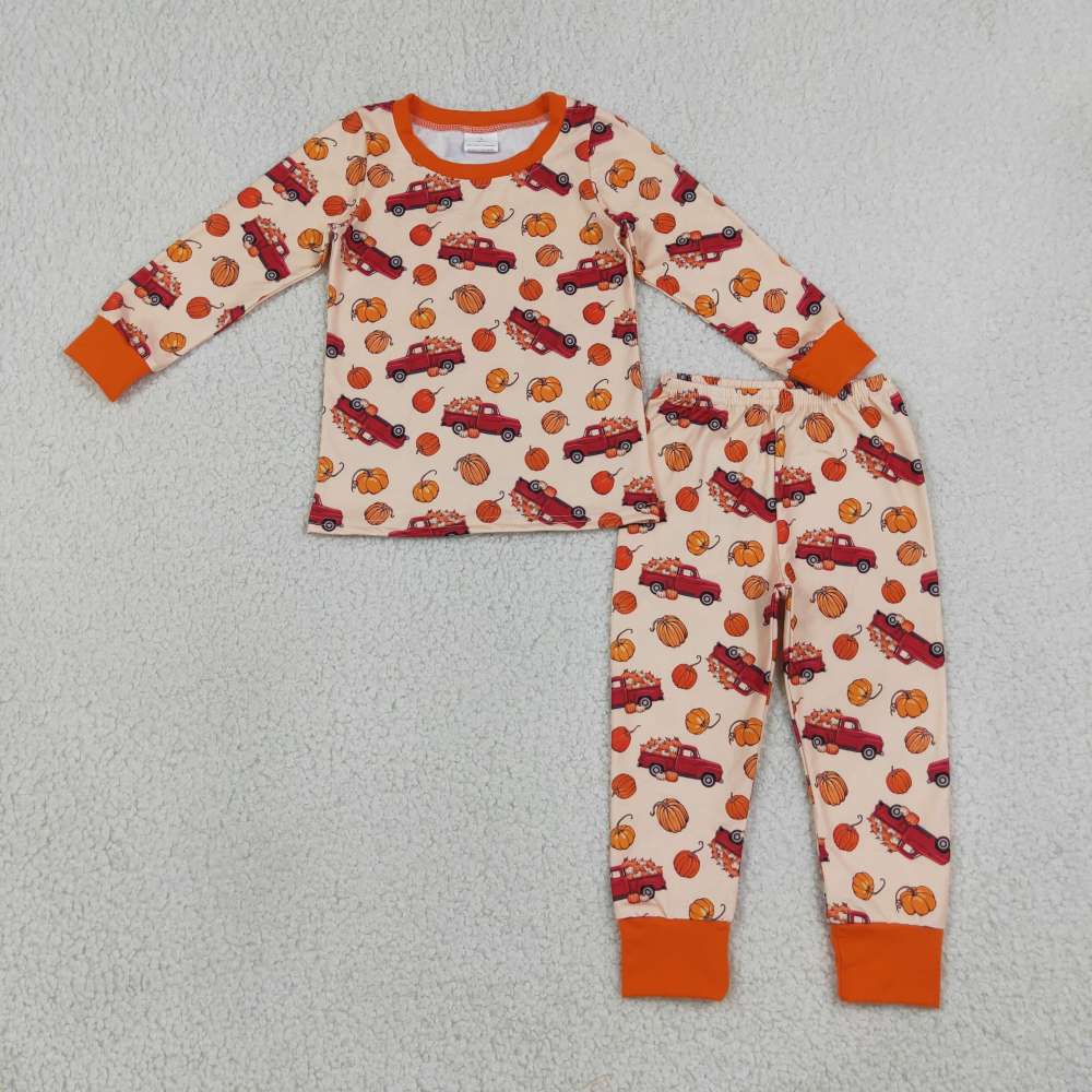 BLP1541 RTS boys orange pumpkin TRUCK print long sleeve boy pajamas set
