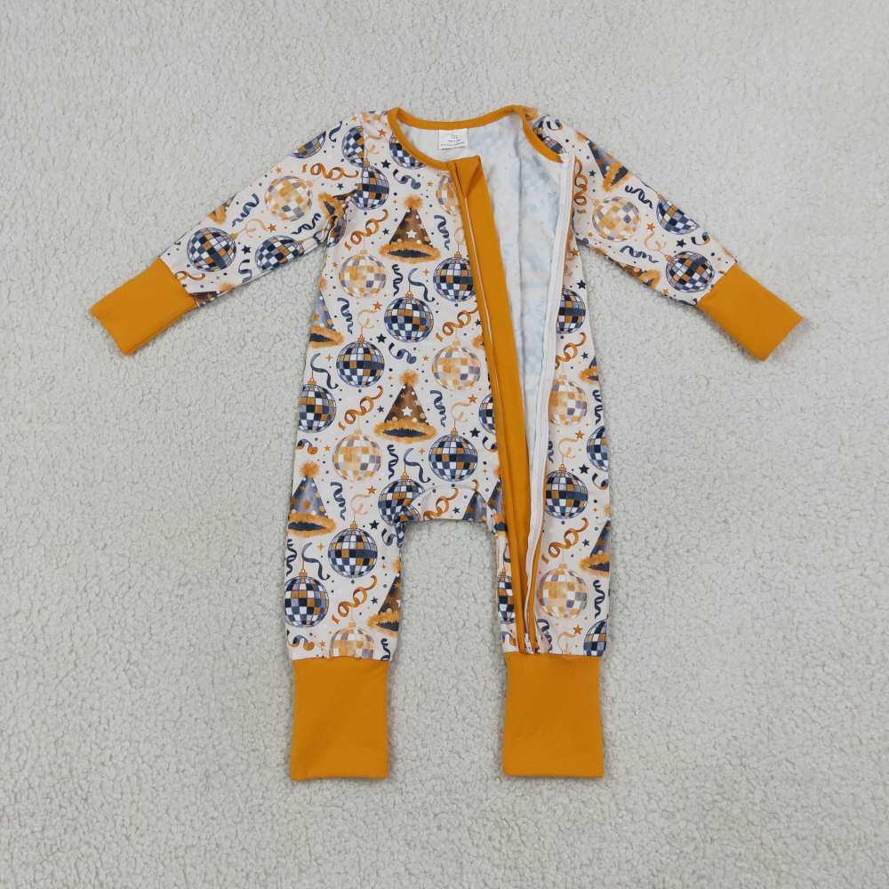 LR3212 Happy new year light ball print  Long-Sleeved zipper romper