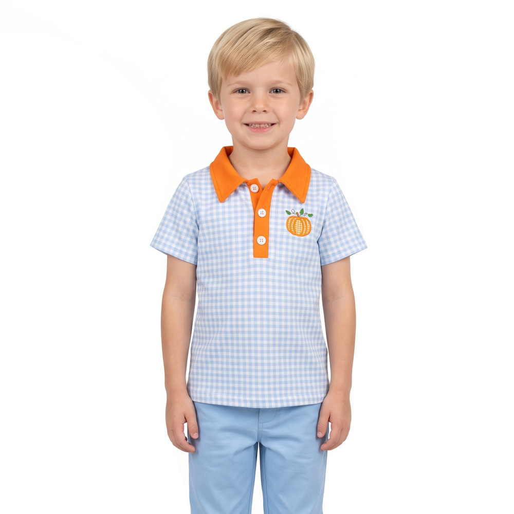 BT1891 RTS Blue plaid pumpkin embroidery  short sleeve boy t-shirt