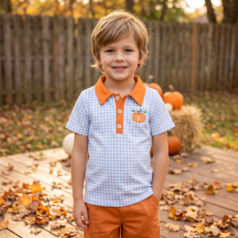 BT1891 RTS Blue plaid pumpkin embroidery  short sleeve boy t-shirt