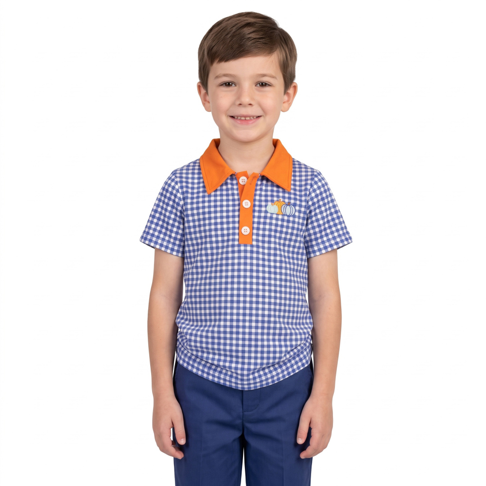 BT1892 RTS Blue plaid trunk pumpkin embroidery  short sleeve boy t-shirt