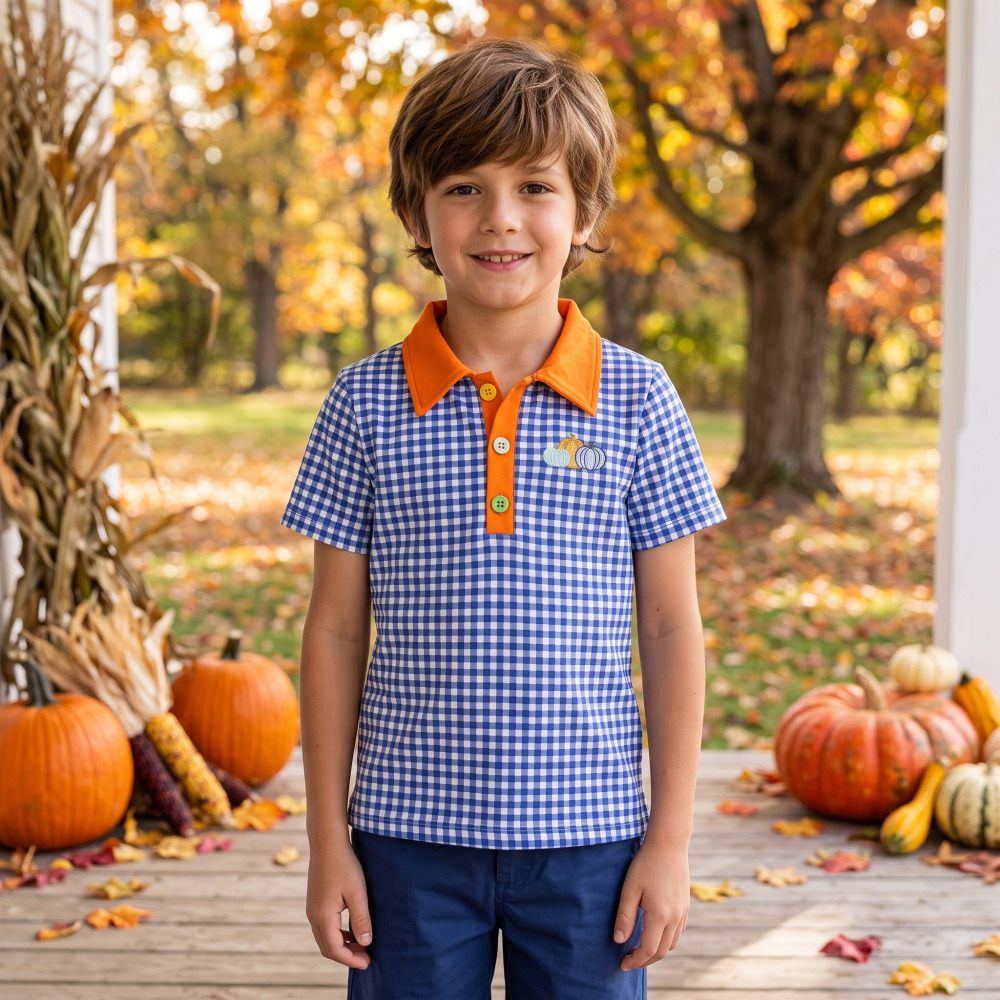 BT1892 RTS Blue plaid trunk pumpkin embroidery  short sleeve boy t-shirt