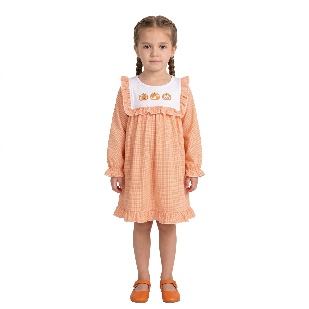 GLD1645 orange pumpkin embroidery girl long sleeve fall season dress