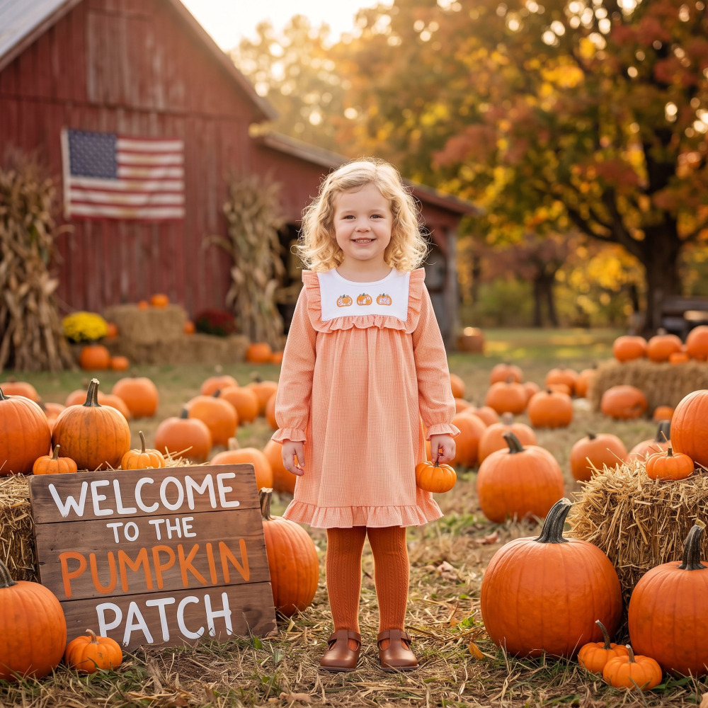 GLD1645 orange pumpkin embroidery girl long sleeve fall season dress