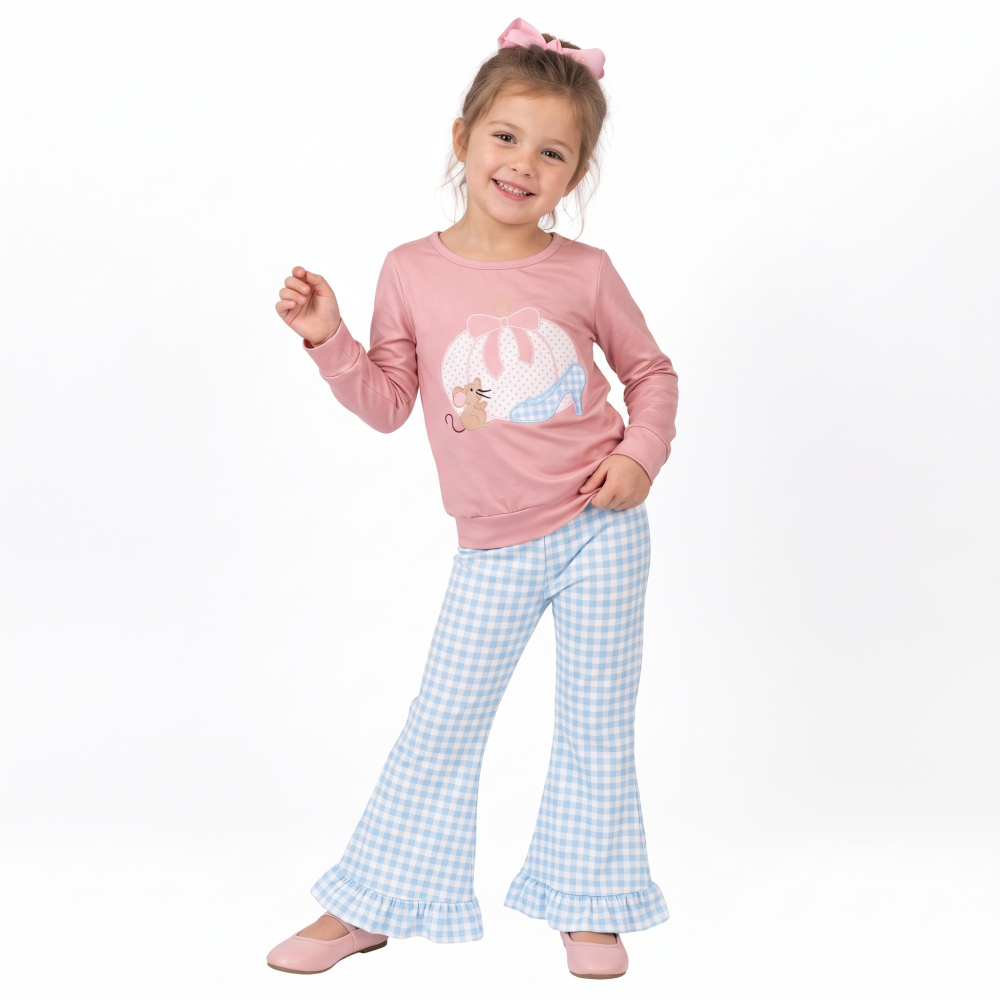 GLP3598 Pink Pumpkin bows Print long sleeve girl outfits