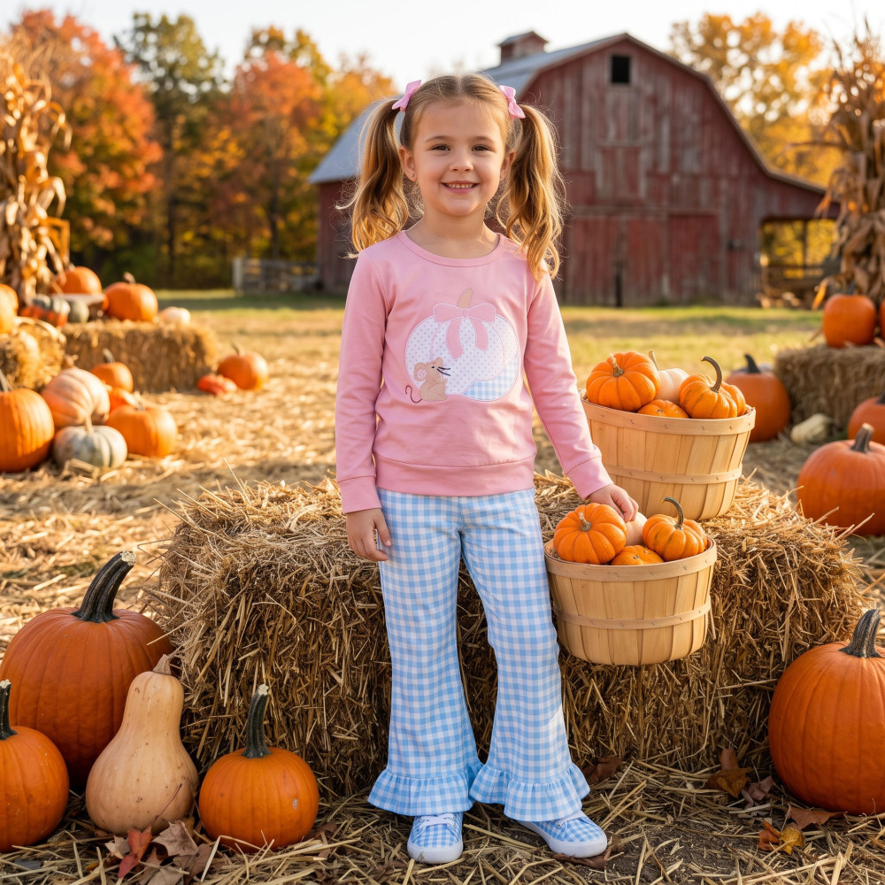 GLP3598 Pink Pumpkin bows Print long sleeve girl outfits