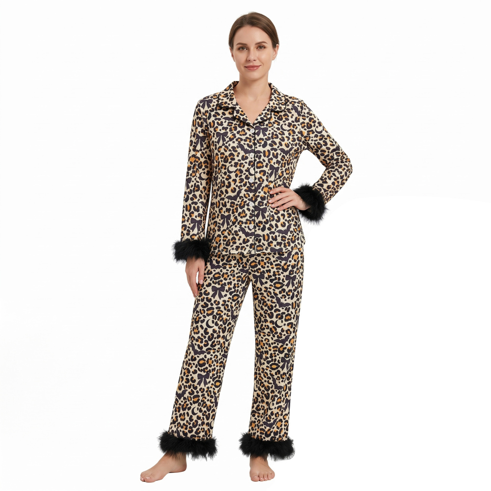 GLP3423 ADULT WOMEN Pink bows pumpkin  print long sleeve pajamas