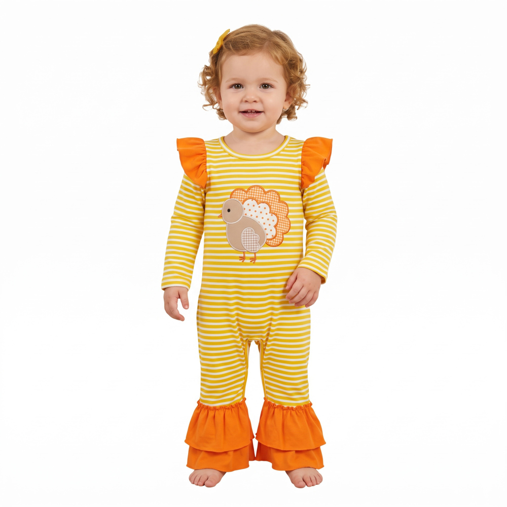 LR3144 Yellow stripe Thanksgiving turkey embroidery  Long-Sleeved fall season romper