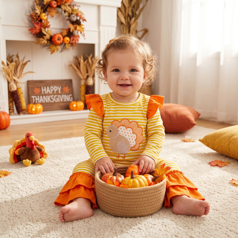 LR3144 Yellow stripe Thanksgiving turkey embroidery  Long-Sleeved fall season romper