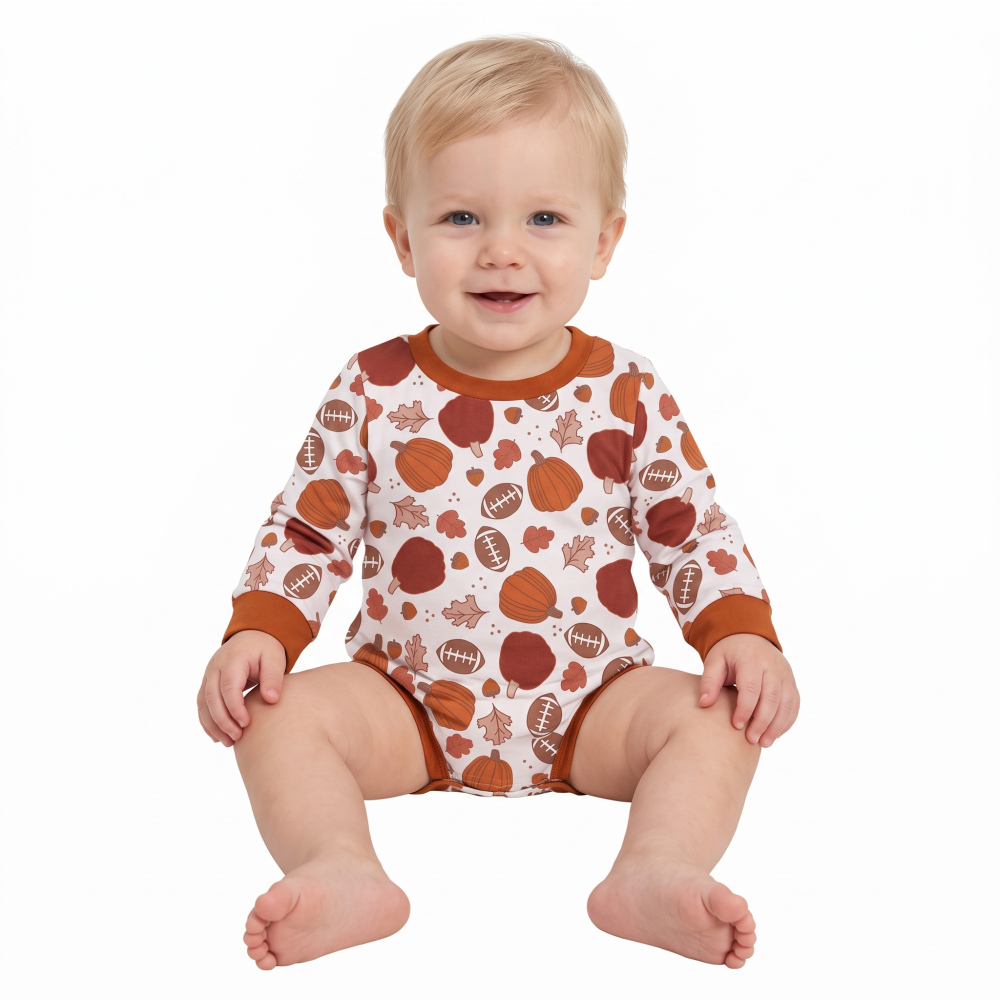 LR3235 orange pumpkin leaves print  Long-Sleeved fall season bubble