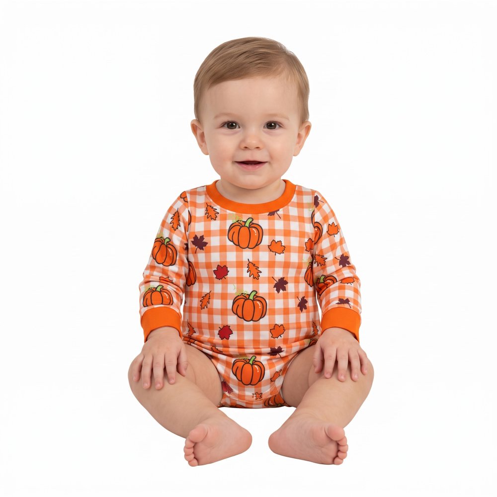 LR3236 orange Plaid pumpkin leaves print  Long-Sleeved fall season bubble