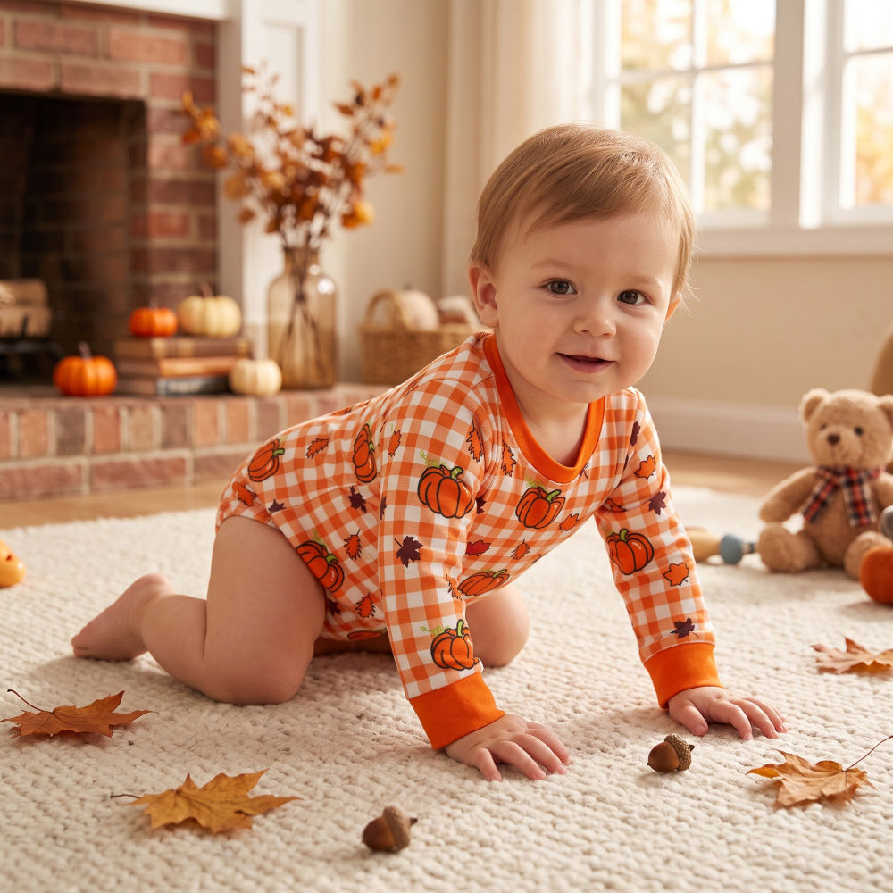 LR3236 orange Plaid pumpkin leaves print  Long-Sleeved fall season bubble