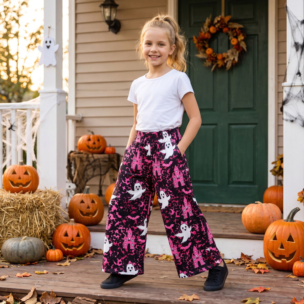 P1134  girl Halloween Purple boo Bat long pants