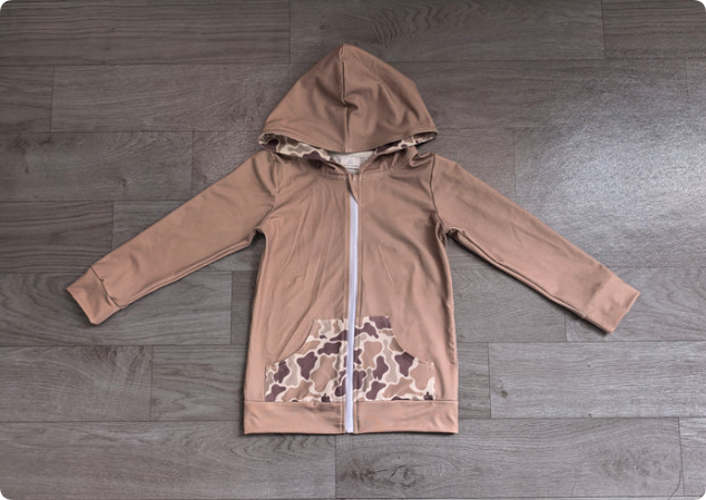 Baby Girls Western Brown Camo Deer Pocket Zipper Hoodies Preorder