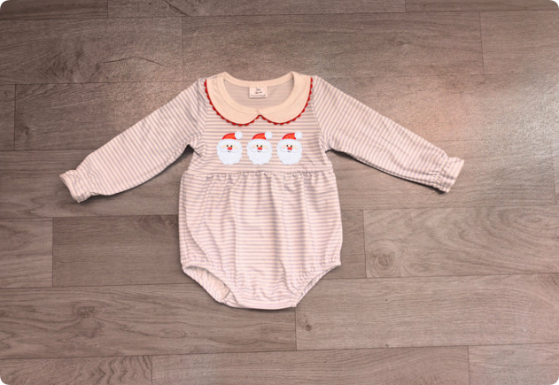 Embroidery Santa Baby Girls Blue Stripe Christmas Ruffle Rompers Preorder