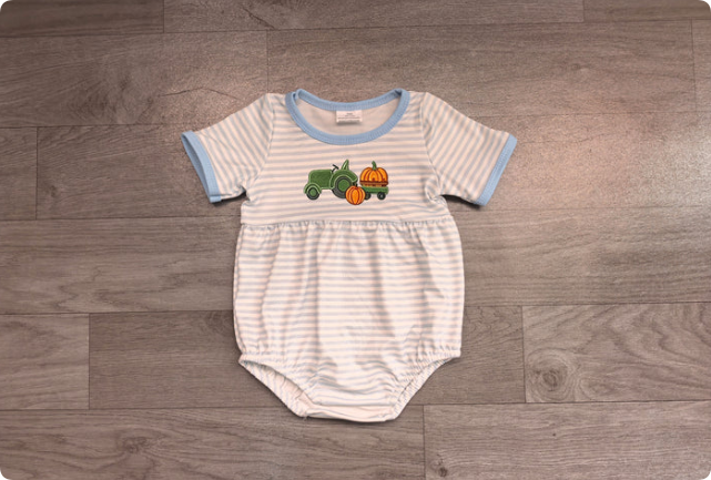 Embroidery Pumpkins Truck Baby Boys Blue Stripe Fall Rompers Preorder