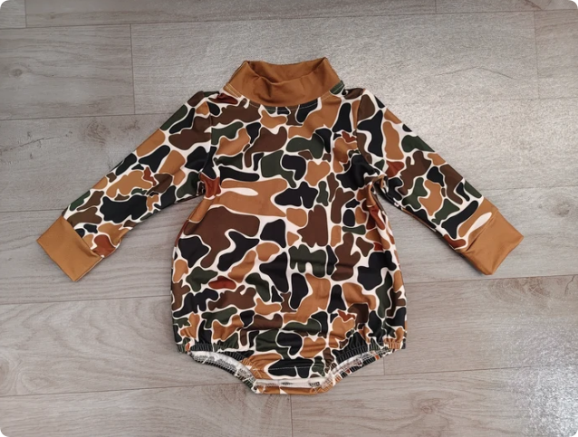 Baby Girls Long Sleeve Khaki Green Camo Choker Rompers Preorder