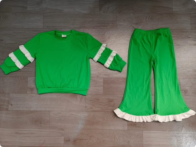 Baby Girls Green White Long Sleeve Top Flare Pants Clothes Set Preorder