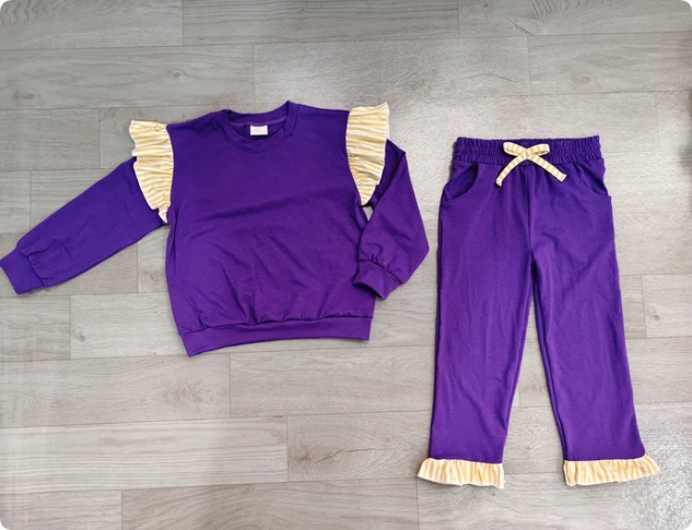 Baby Girls Purple Stripe Flutter Sleeve Top Pockets Ruffle Pant Clothes Set Preorder
