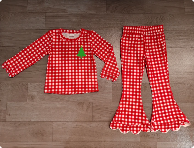 Embroidery Trees Baby Girls Red Checked Top Scallop Pant Christmas Clothes Set Preorder