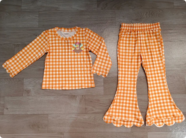Embroidery Turkey Baby Girls Orange Checked Top Scallop Pant Thanksgivings Clothes Set Preorder
