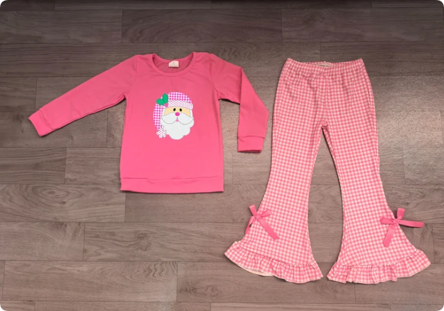 Embroidery Holly Santa Baby Girls Top Checked Flare Pant Christmas Clothes Sets Preorder