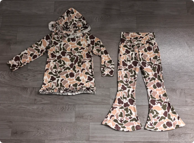 Baby Girls Ducks Deer Camo Ruffle Hoodies Bell Bottom Pants Southern Clothes Sets Preorder
