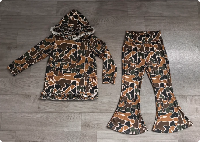 Baby Girls Dark Brown Camo Ruffle Hoodies Bell Bottom Pants Southern Clothes Sets Preorder