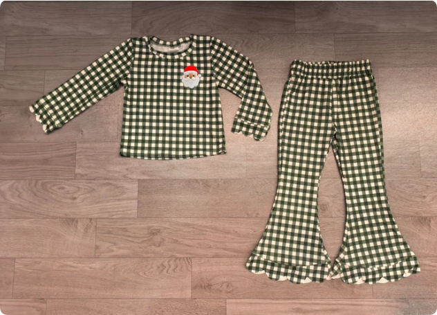 Embroidery Turkey Baby Girls Green Checked Top Bell Bottom Pant Christmas Scallop Set Preorder